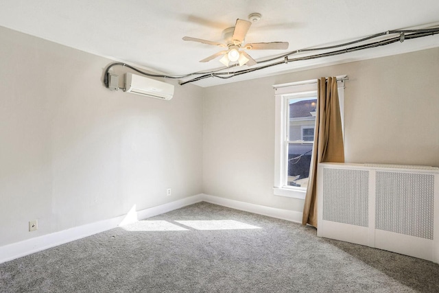 carpeted empty room featuring ceiling fan, radiator heating unit, and a wall mounted AC