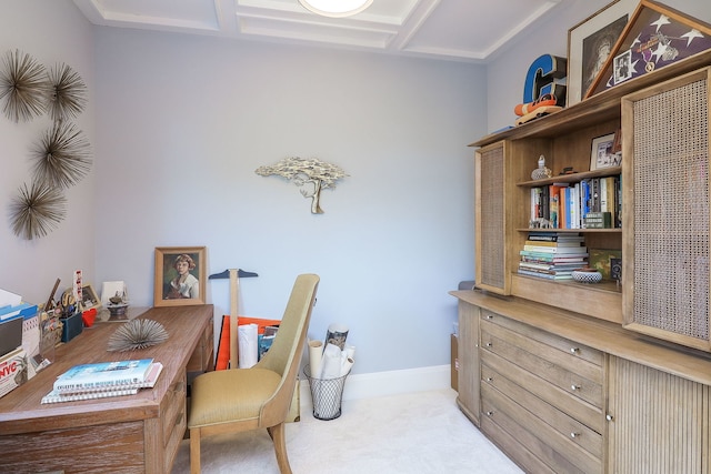 office area with light colored carpet and coffered ceiling