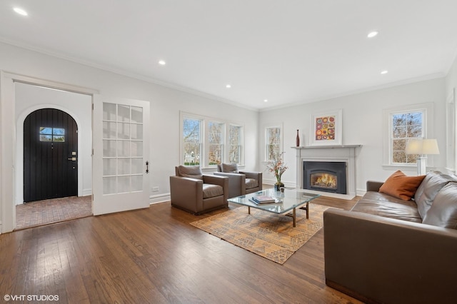 living room featuring ornamental molding and dark wood-type flooring