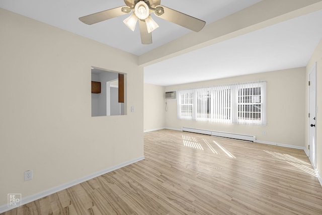 unfurnished room featuring light wood-type flooring, ceiling fan, an AC wall unit, and baseboard heating