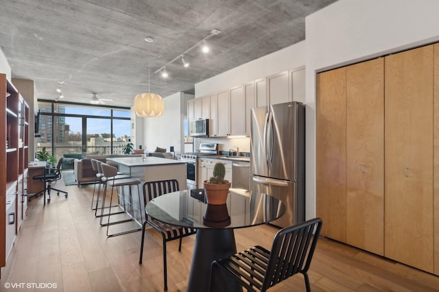 kitchen with a center island, light hardwood / wood-style floors, pendant lighting, floor to ceiling windows, and stainless steel appliances