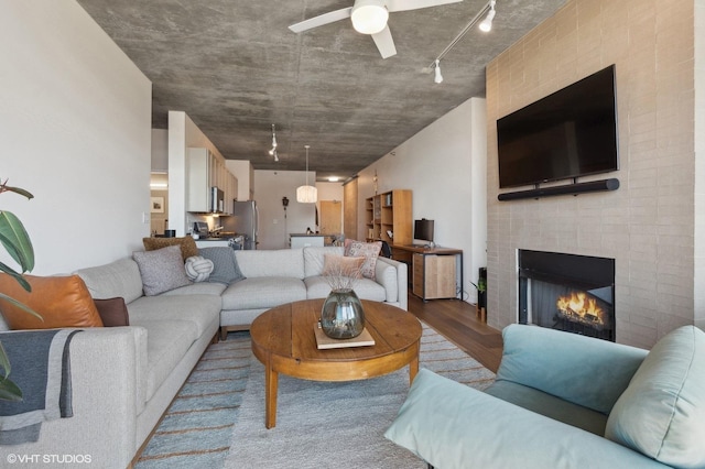 living room with ceiling fan, light hardwood / wood-style flooring, track lighting, and a fireplace