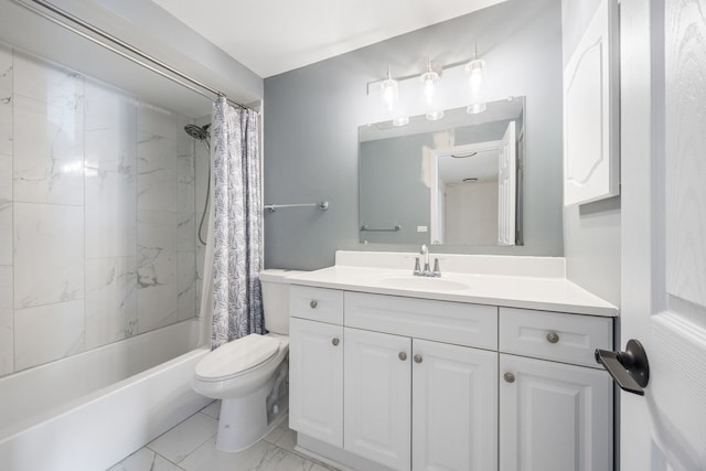 full bathroom with shower / bathtub combination with curtain, vanity, and toilet