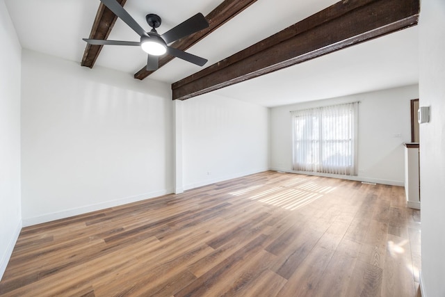 unfurnished room featuring hardwood / wood-style flooring, ceiling fan, and beam ceiling