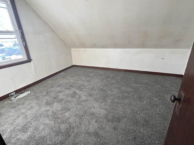 additional living space featuring carpet, vaulted ceiling, and baseboards