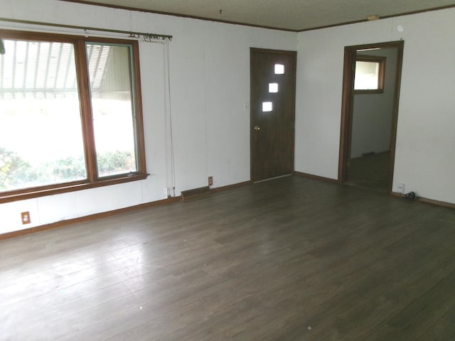 spare room featuring crown molding, a healthy amount of sunlight, and dark hardwood / wood-style floors