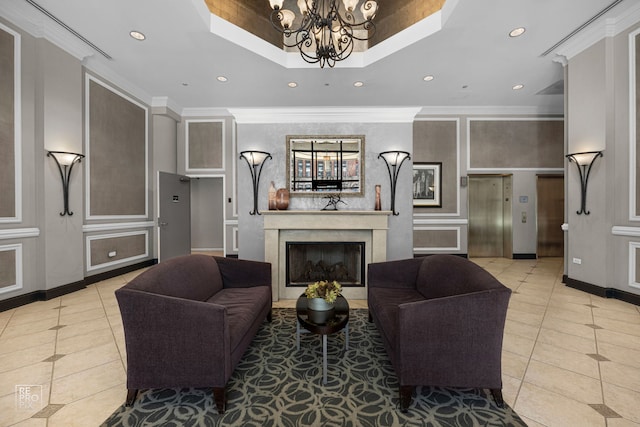 living room featuring a fireplace, ornamental molding, elevator, and light tile patterned flooring