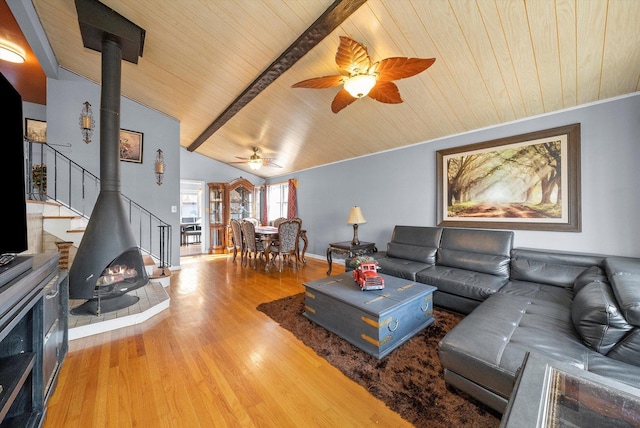 living room featuring lofted ceiling with beams, wooden ceiling, a wood stove, hardwood / wood-style flooring, and ceiling fan