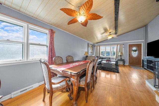 dining area with wood ceiling, lofted ceiling, and light hardwood / wood-style floors