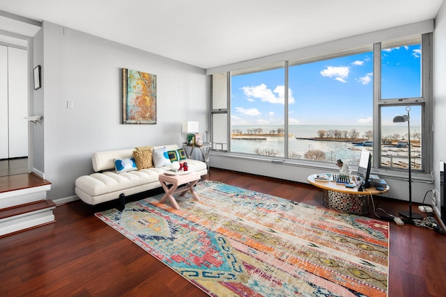 living room with a water view and dark wood-type flooring