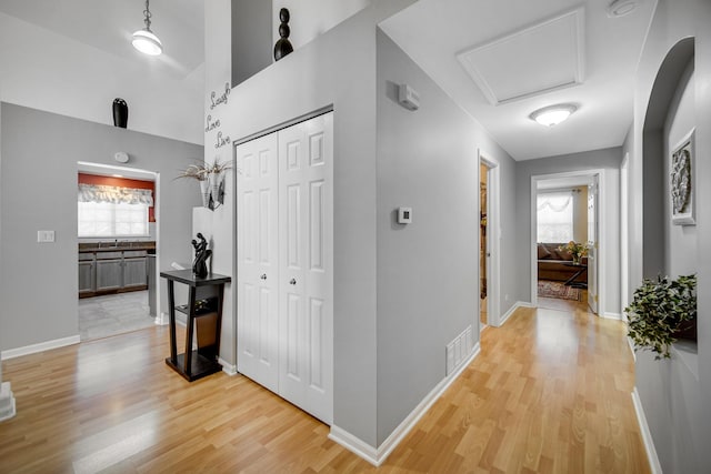 hall featuring sink, a wealth of natural light, and light hardwood / wood-style floors