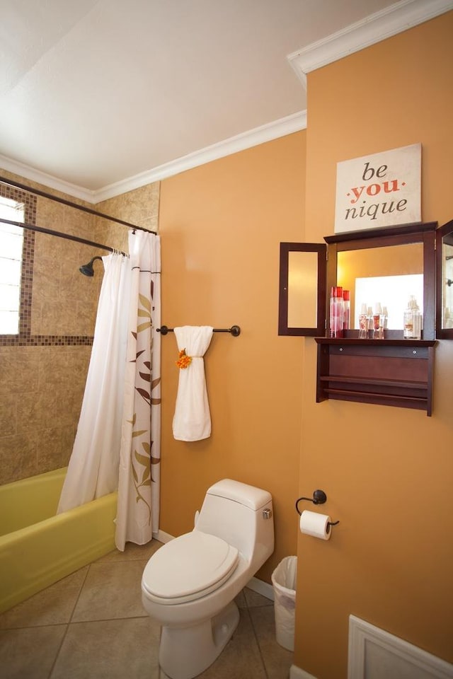 bathroom with shower / bath combination with curtain, ornamental molding, tile patterned floors, and toilet