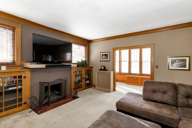 carpeted living room featuring crown molding, a fireplace, and radiator