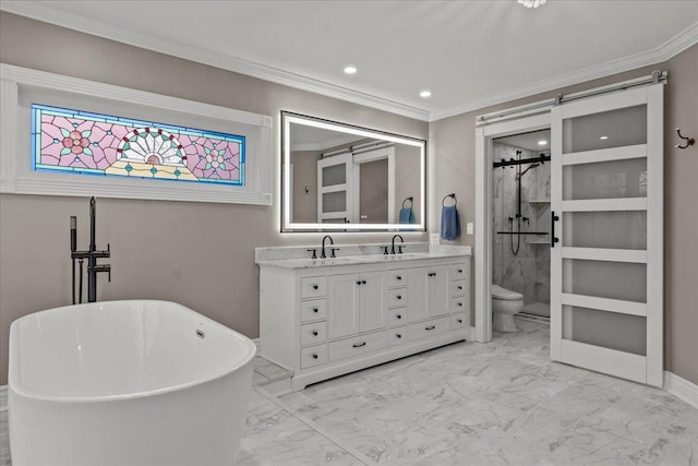 full bathroom featuring toilet, ornamental molding, shower with separate bathtub, and vanity