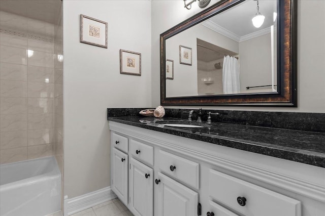 bathroom featuring crown molding, shower / bathtub combination with curtain, vanity, and tile patterned floors