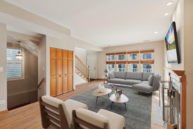 living room featuring light hardwood / wood-style flooring and a premium fireplace