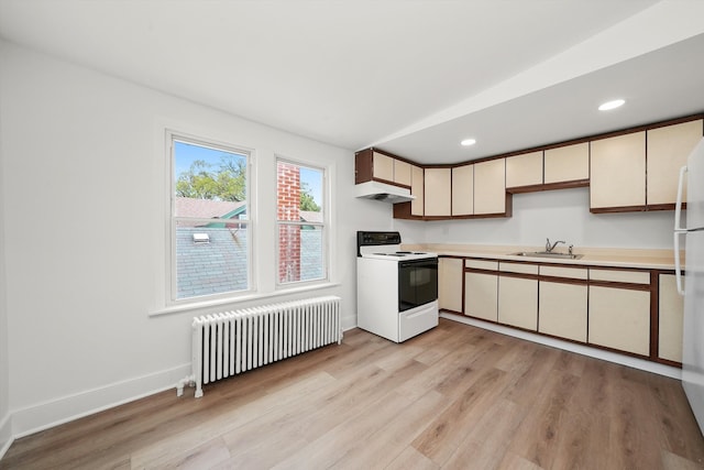 kitchen featuring electric stove, radiator, under cabinet range hood, a sink, and light wood-style floors