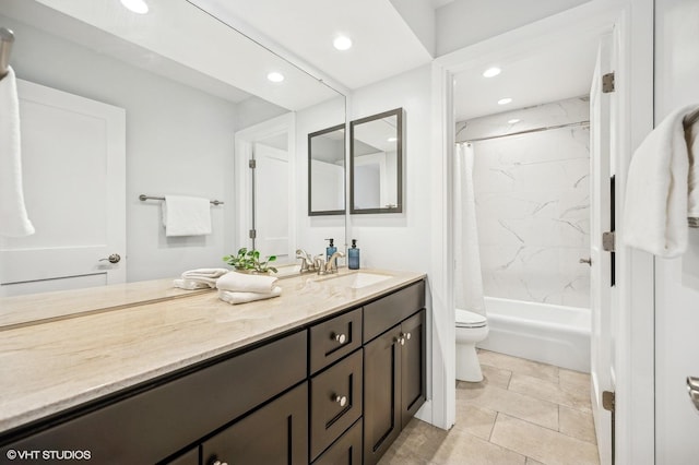 full bathroom featuring vanity, toilet, and shower / bathtub combination with curtain