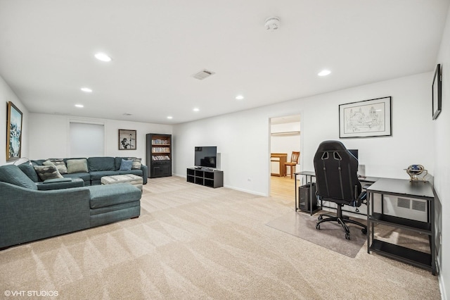 living room with light colored carpet