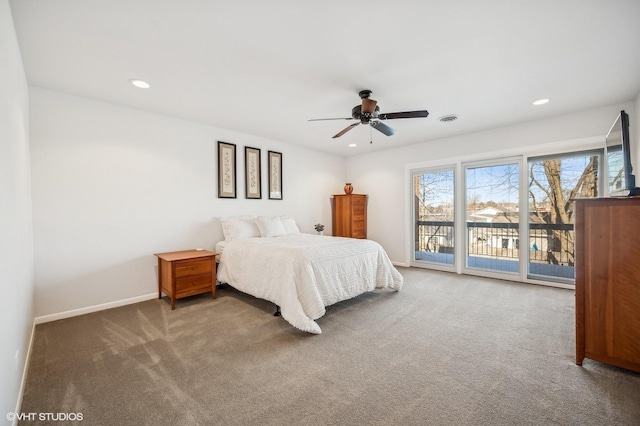 carpeted bedroom featuring access to outside and ceiling fan