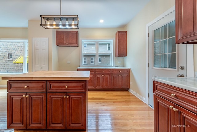 kitchen with a healthy amount of sunlight, light hardwood / wood-style floors, and hanging light fixtures