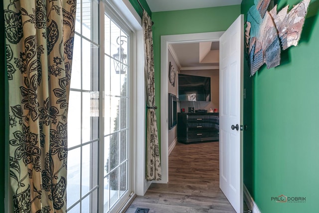 entryway featuring ornamental molding and wood-type flooring