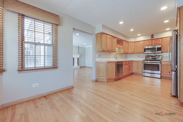 kitchen with sink, backsplash, light hardwood / wood-style flooring, and stainless steel appliances