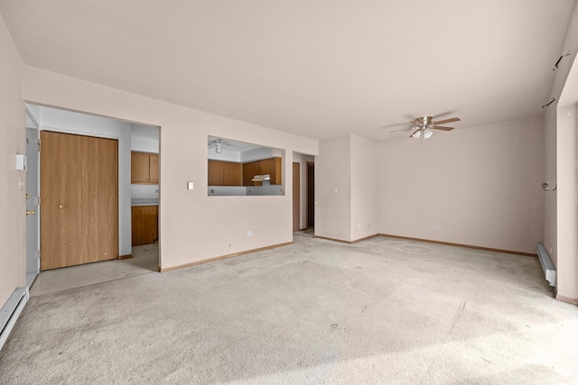 unfurnished living room with ceiling fan, baseboard heating, and light carpet