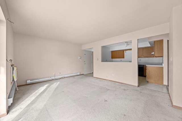 unfurnished living room featuring baseboard heating and light colored carpet