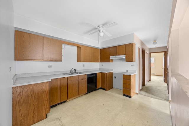 kitchen featuring sink, dishwasher, and ceiling fan