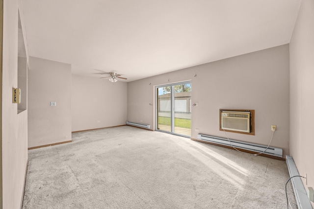 unfurnished room featuring ceiling fan, light colored carpet, a baseboard heating unit, and a wall mounted air conditioner