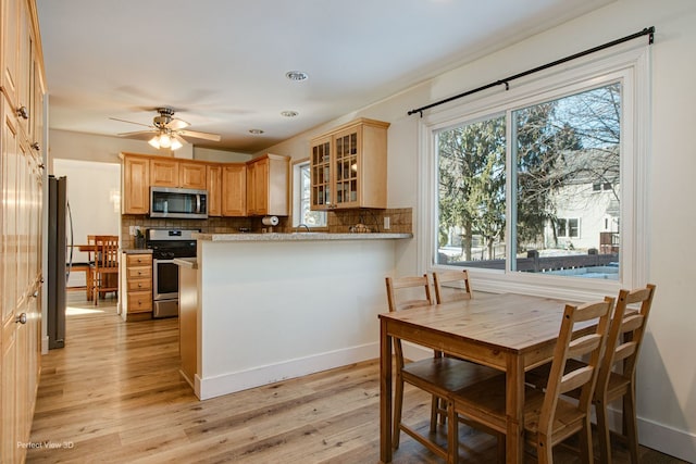 kitchen with tasteful backsplash, stainless steel appliances, kitchen peninsula, and light wood-type flooring