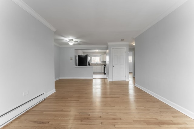 unfurnished living room with crown molding, a baseboard radiator, light hardwood / wood-style floors, and ceiling fan