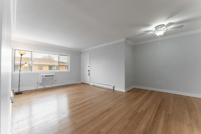 empty room with a baseboard radiator, ornamental molding, ceiling fan, and light hardwood / wood-style floors