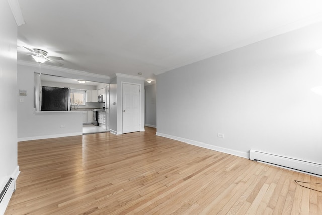 unfurnished living room with ornamental molding, a baseboard heating unit, ceiling fan, and light hardwood / wood-style floors