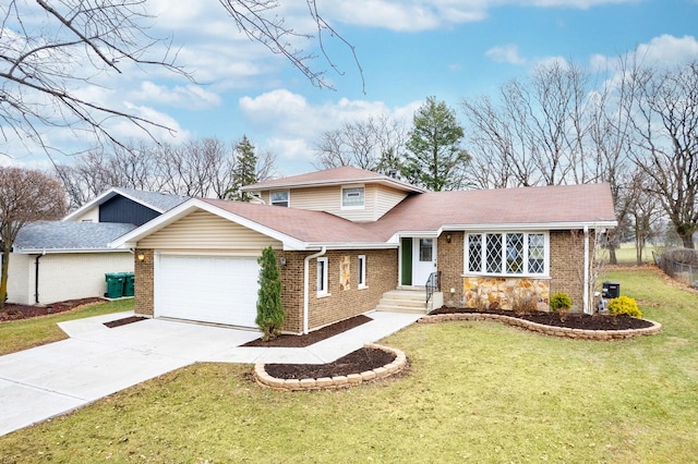 split level home with a garage and a front lawn