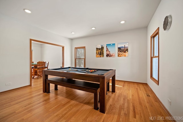 playroom featuring pool table and light hardwood / wood-style floors