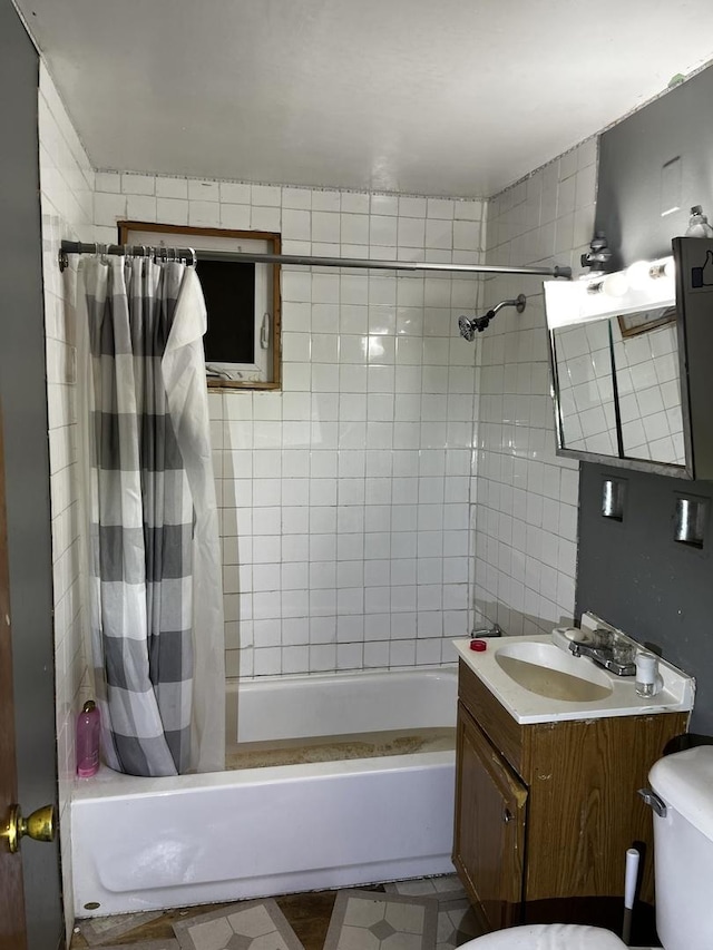 full bathroom with vanity, toilet, and shower / bath combination with curtain