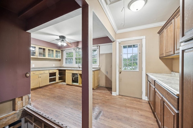 kitchen with light hardwood / wood-style floors, ceiling fan, crown molding, and plenty of natural light