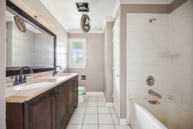 bathroom with vanity, tile patterned floors, crown molding, and tiled shower / bath combo