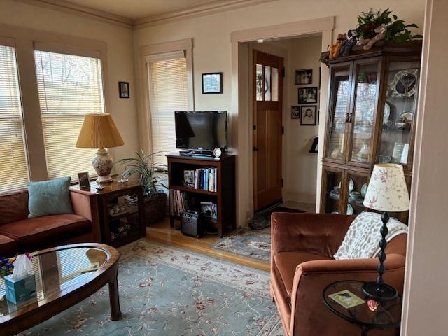 living area with ornamental molding and wood-type flooring