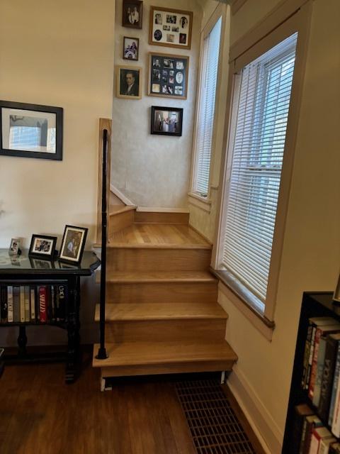 staircase with hardwood / wood-style flooring