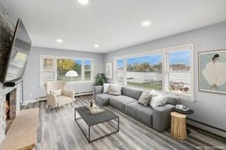 living room featuring a baseboard radiator, light hardwood / wood-style flooring, and a fireplace