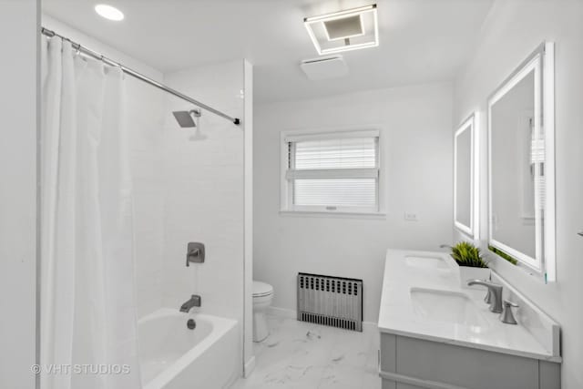 full bathroom with shower / bath combo, toilet, radiator, and vanity