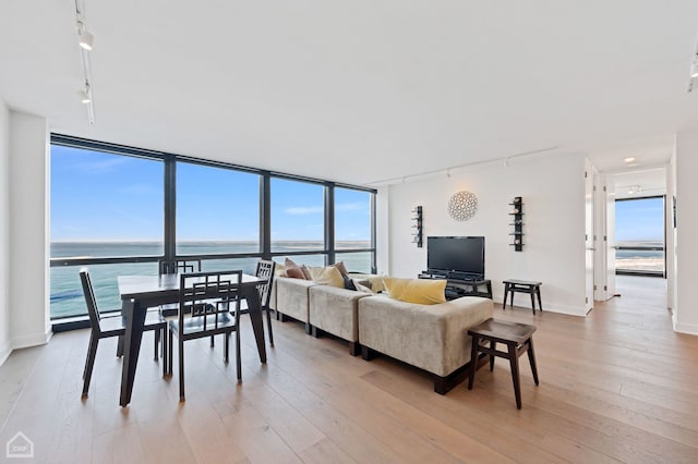 living room with expansive windows, a water view, light wood-type flooring, and a wealth of natural light