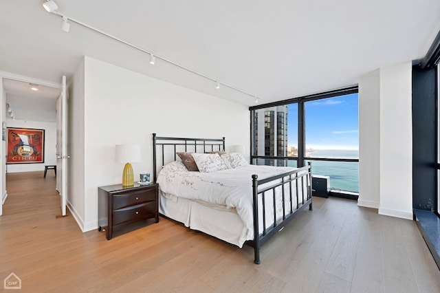 bedroom featuring a wall of windows, light hardwood / wood-style floors, and a water view