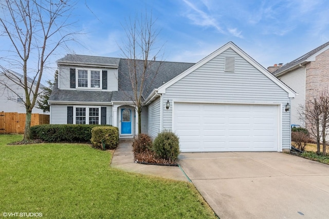 view of front of house featuring concrete driveway, roof with shingles, an attached garage, fence, and a front lawn