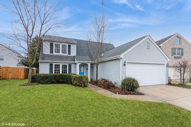 traditional home featuring a garage, a shingled roof, fence, driveway, and a front yard