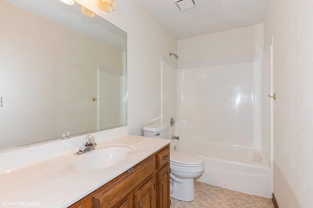 full bath featuring visible vents, vanity, toilet, and shower / bathtub combination