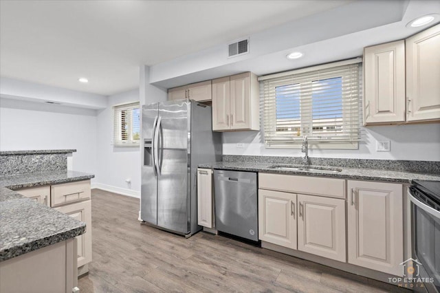 kitchen with sink, light hardwood / wood-style flooring, appliances with stainless steel finishes, and plenty of natural light